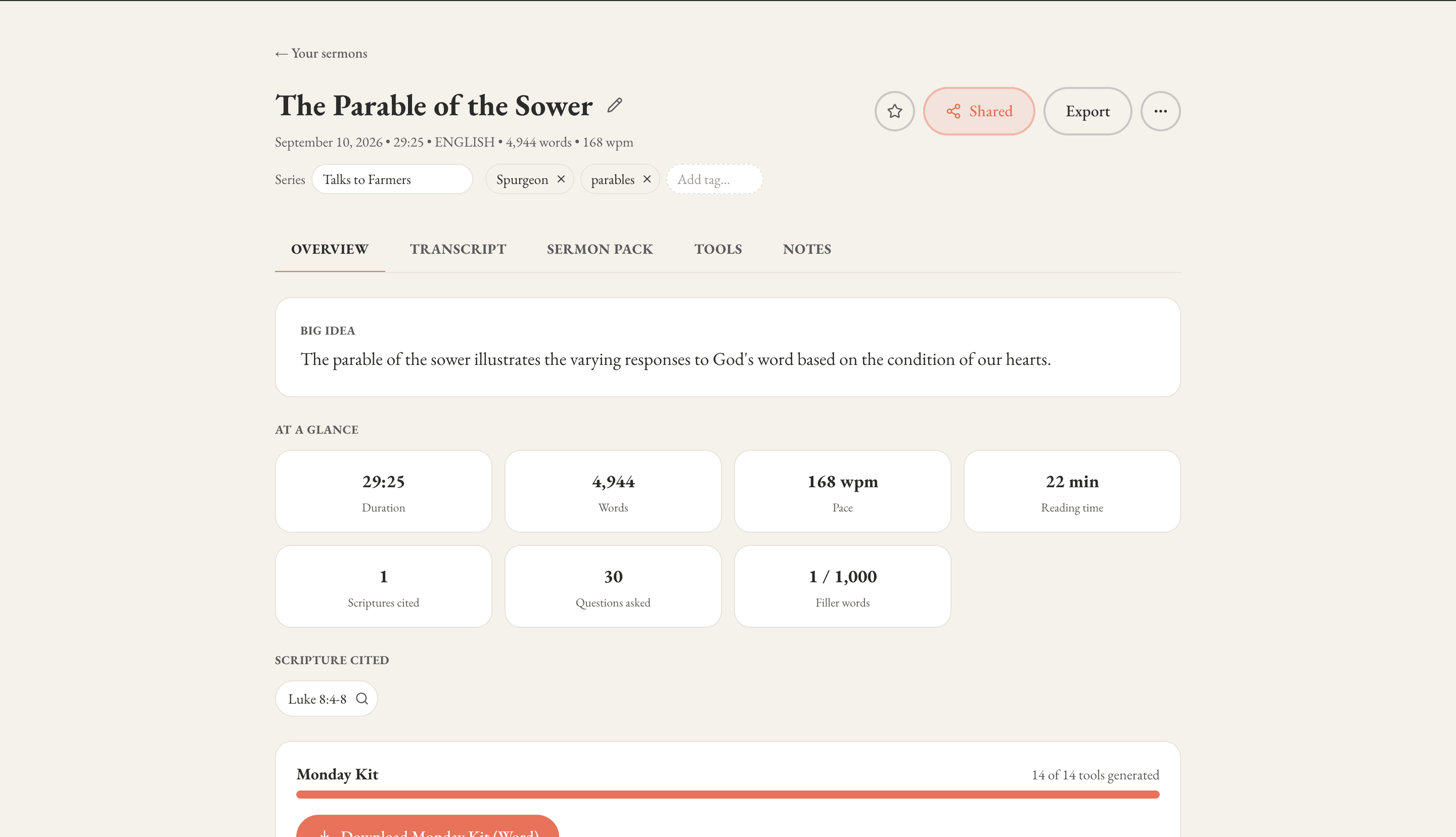 The overview of Charles H. Spurgeon's sermon "The Parable of the Sower" in the library: big idea, sermon statistics, every Scripture cited and the Monday Kit.