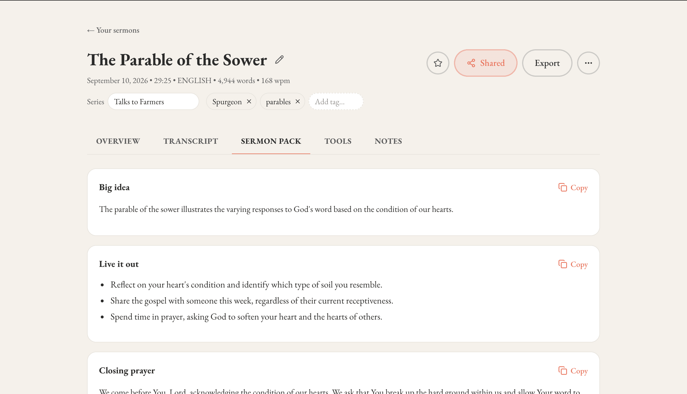 The Sermon Pack tab: big idea, application points, closing prayer, outline, discussion questions and blog draft.