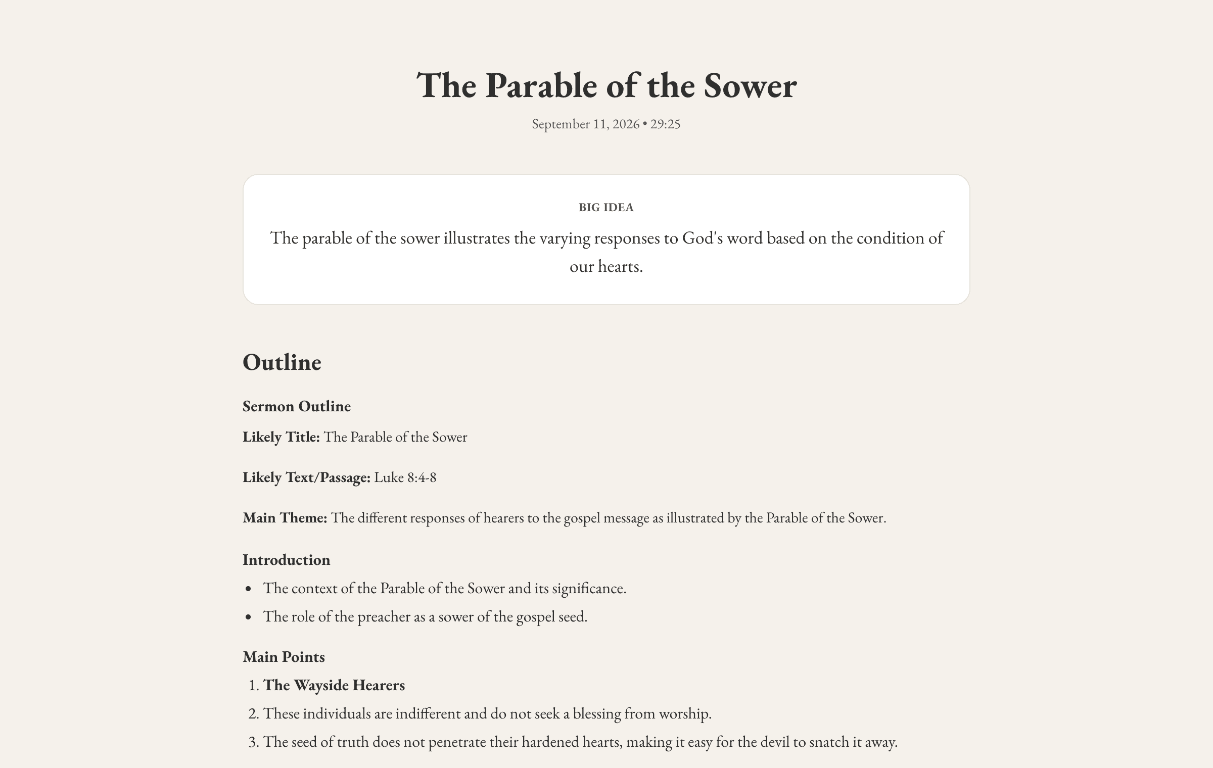 The public notes page a congregation sees: title, big idea, outline, questions and prayer.