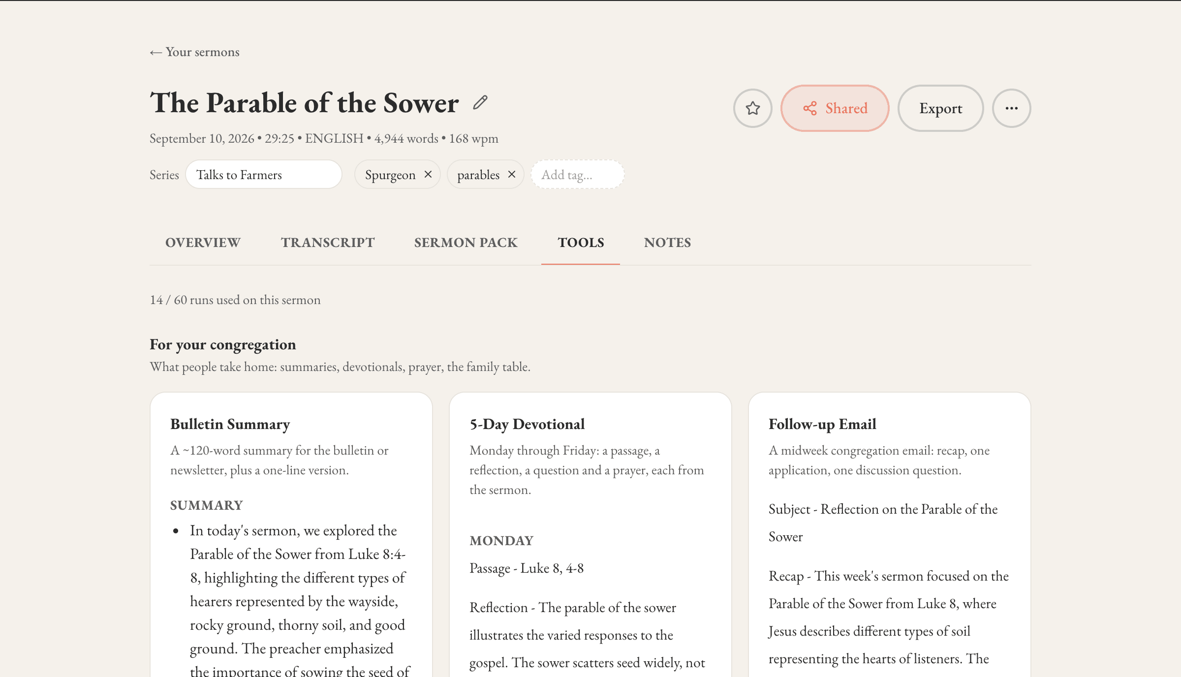The tools tab with finished results: a devotional, prayer points, a study guide and social posts.