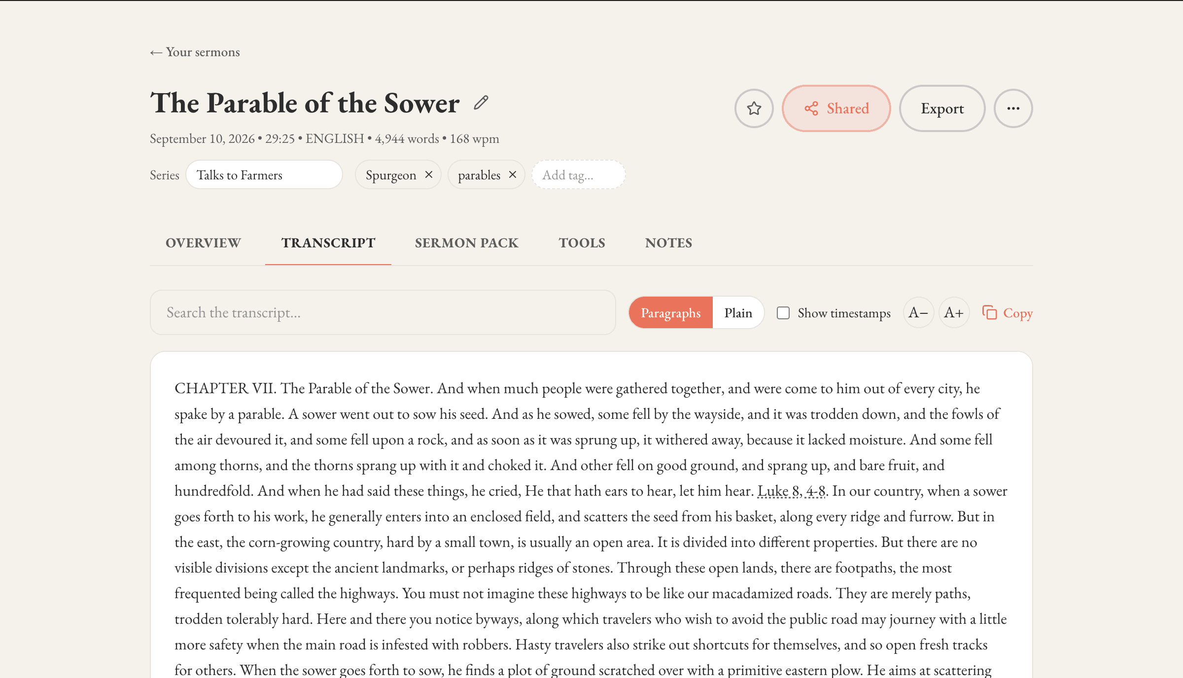 The transcript tab: paragraphs with timestamps, Scripture references linked, and a search box.